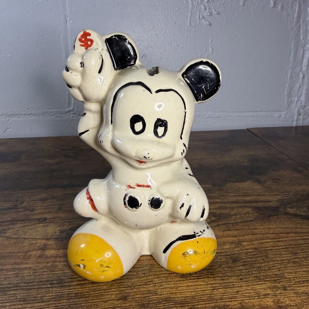 Vintage Disney Leeds Pottery Mickey Mouse Piggy Bank Holding Coin 1940s Damaged